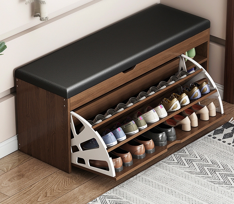 HANYEE Modern Decorative Entrance Area Shoe Storage Bench Bamboo Leather Organiser with Cushion Simple Style Home/Apartment Use