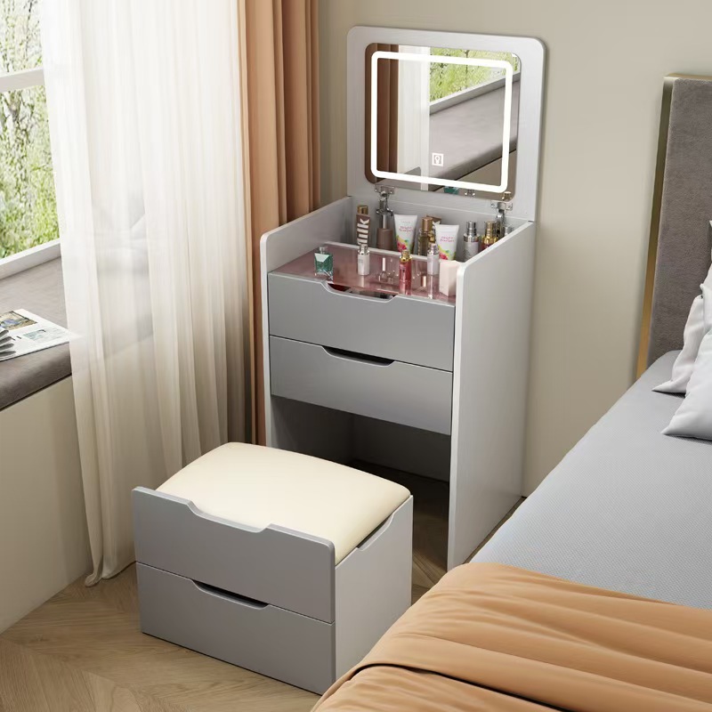 Wood Panel Cream Style Flip Top Vanity Table With 3-Color LED Light Space-Saving Makeup Desk With Storage Cabinet For Bedroom