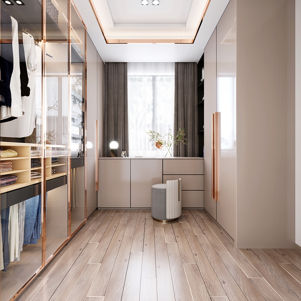 Black Glass Wooden Wardrobe Light Walk-in Closet Customizable Aluminum Frame Modern Bedroom Furniture Durable Eco-Friendly Hotel