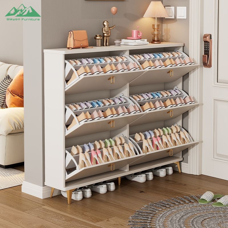 Wayon Modern Wall Mounted Shoe Cabinet 6 Tier with Gold Handles and Legs Space Saving Gray Shoe Storage for Entrance