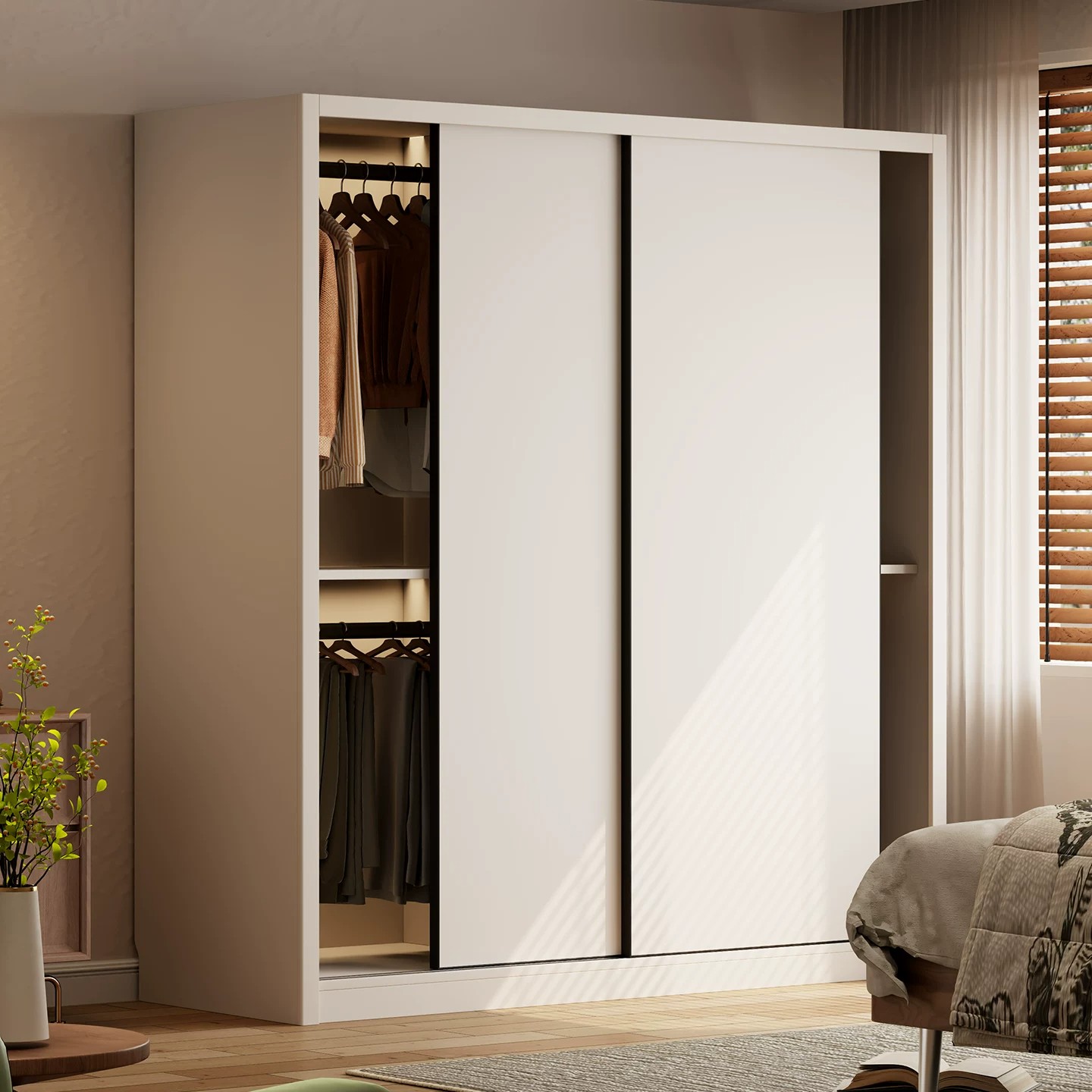 Modern Minimalist Solid Wood Wardrobe with Sliding Doors Eco-friendly for Bedroom &amp; Apartment Home Furniture