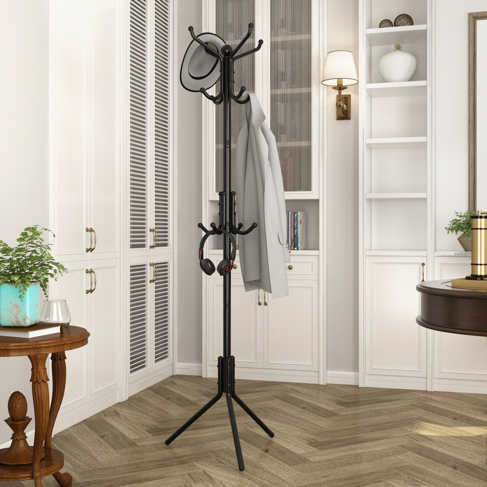 Modern 12-Hook Foldable Powder Coated Metal Coat Rack Stable Base Sturdy Standing Coat Hat Hanger for Entryway Bedroom Office