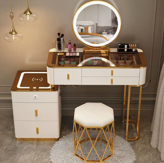 Wholesale Smart Luxury Nordic Bedroom Dressing Table With Wireless Charging Smart Mirror &amp; Multifunctional Wood Makeup Table
