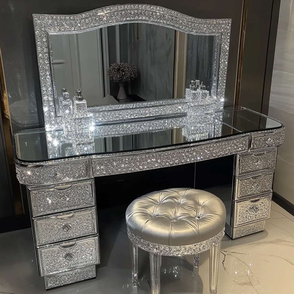 Luxury Silver Modern Oak Panel Bedroom Dressing Table Set with Adjustable Lighted Mirror and Stool for Home Use