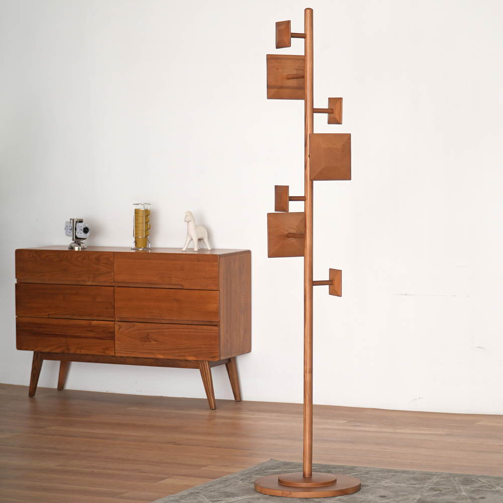 EXL FURNITURE Nordic Solid Walnut Wood Coat Rack with Mirror Leather Floor Stand Coat Hanger for Bedroom Living Room
