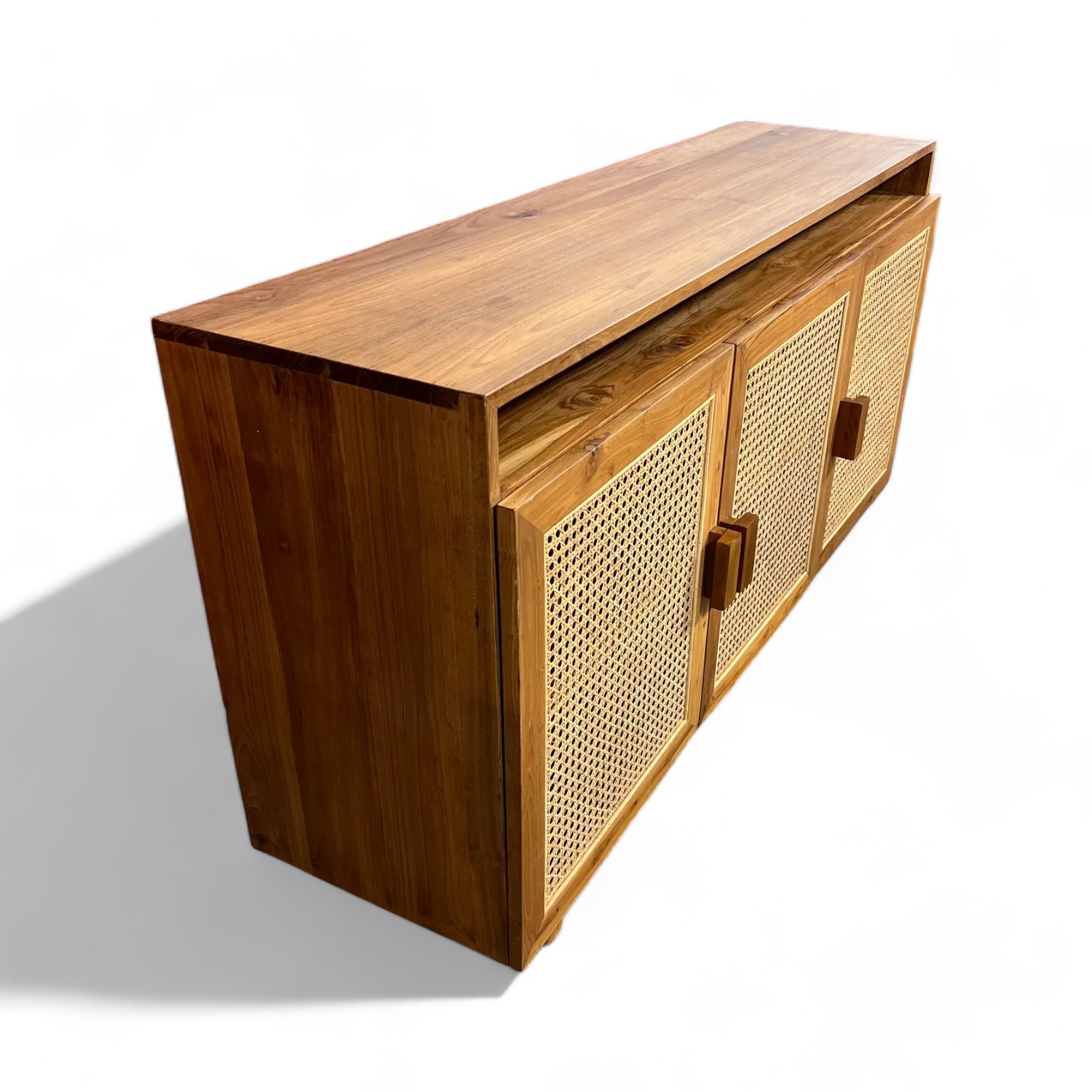 Contemporary Custom Handmade Solid Teak Wood TV Cabinet with 3 Rattan Door Storage Sideboard Living and Laundry Room Furniture