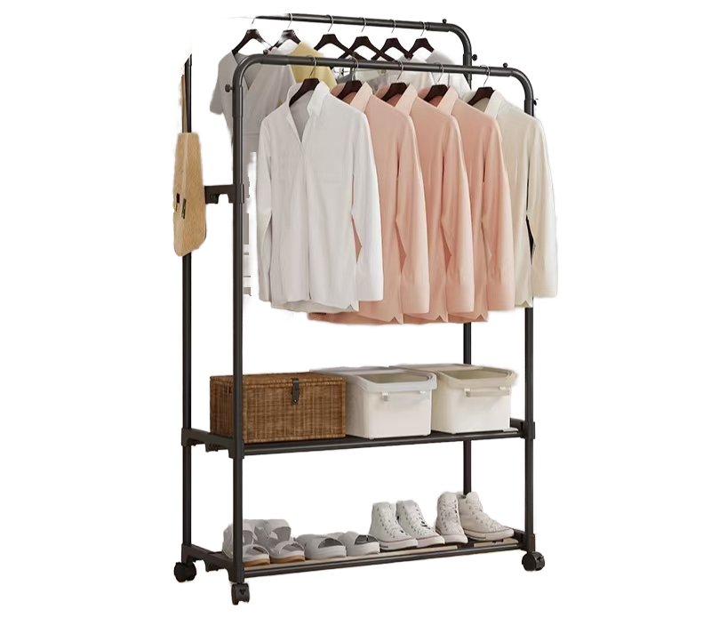 Garment Rack Double Stainless Steel Dustproof Hanging Clothes Hanger Shoe Hat Integrated Drying Bathroom Kitchen Floor Type