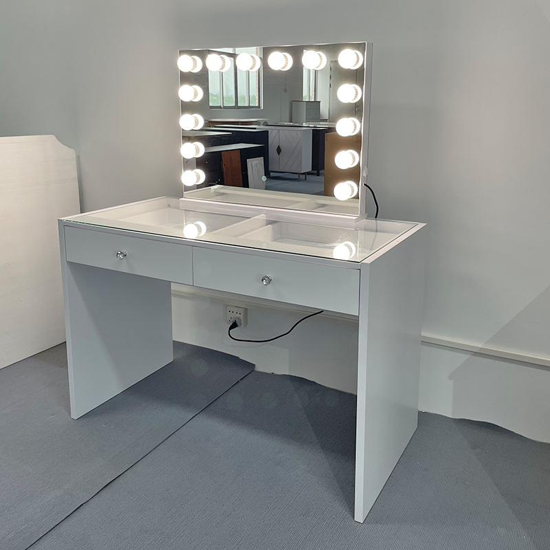 White Modern Glass Panel Dressing Table Storage Drawers Adjustable Removable Standing Lighted Mirror Eco-Friendly Bedroom