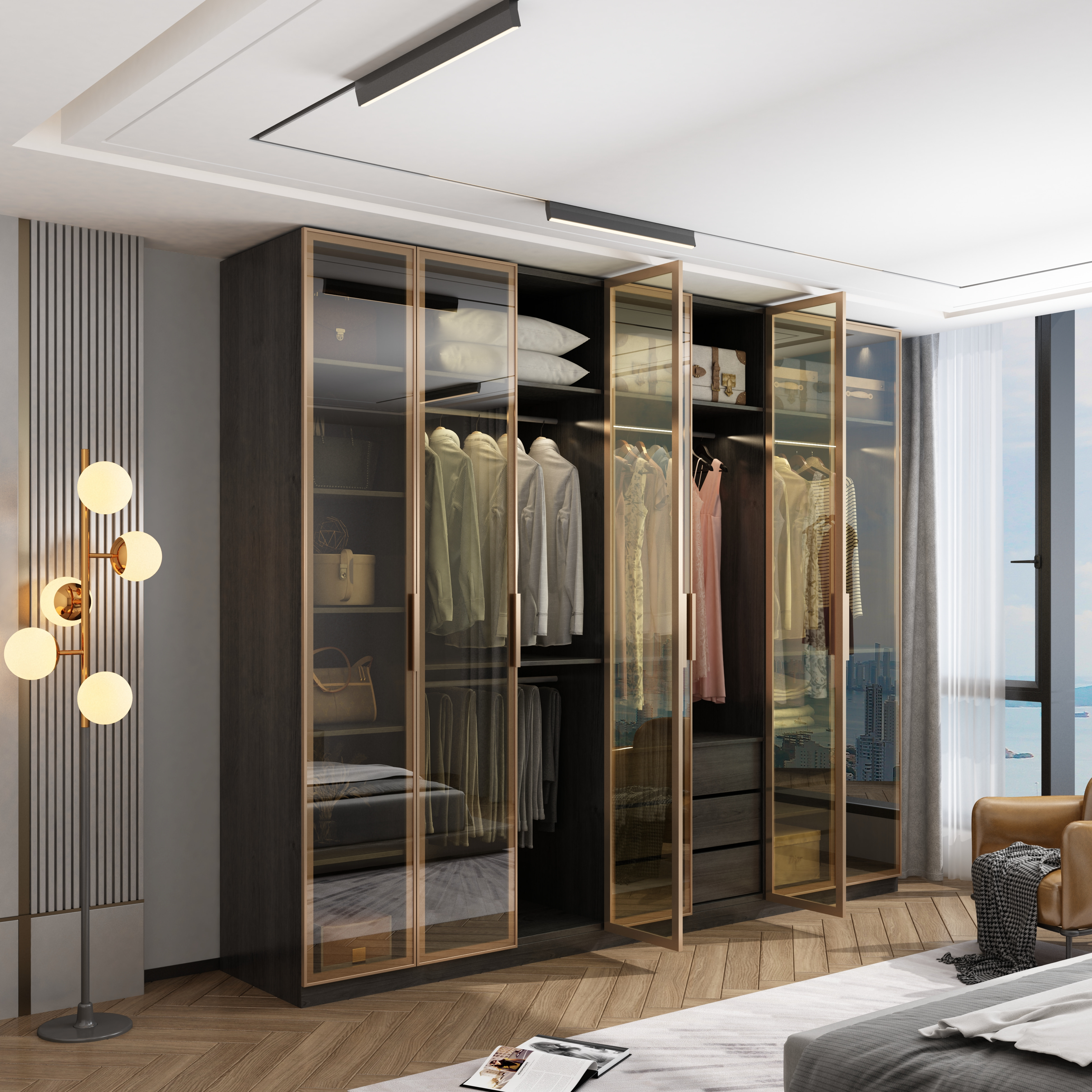 Solid Wood Wardrobe for Bedroom with Glass Door Modern Light Luxury Corner Cloakroom Storage Cabinet Combination Wardrobe
