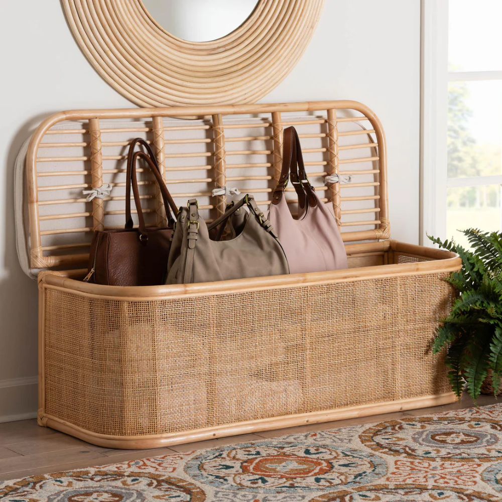 Wholesale Bohemian Natural Rattan Storage Bench Entryway Storage Ottoman Bench with Cushion From Vietnam