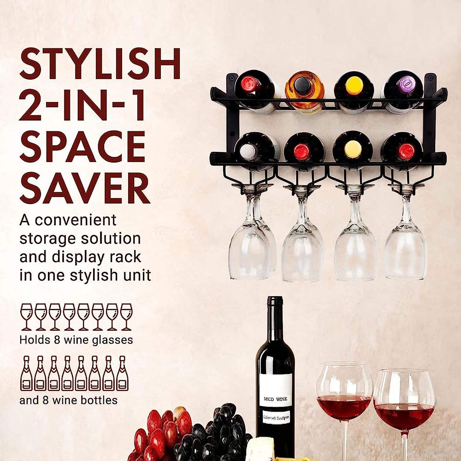 Double Tier Iron Wall Mounted Non-Folding Wine Rack Metal Multipurpose Shelf Hung Bracket for Living Room Huasheng