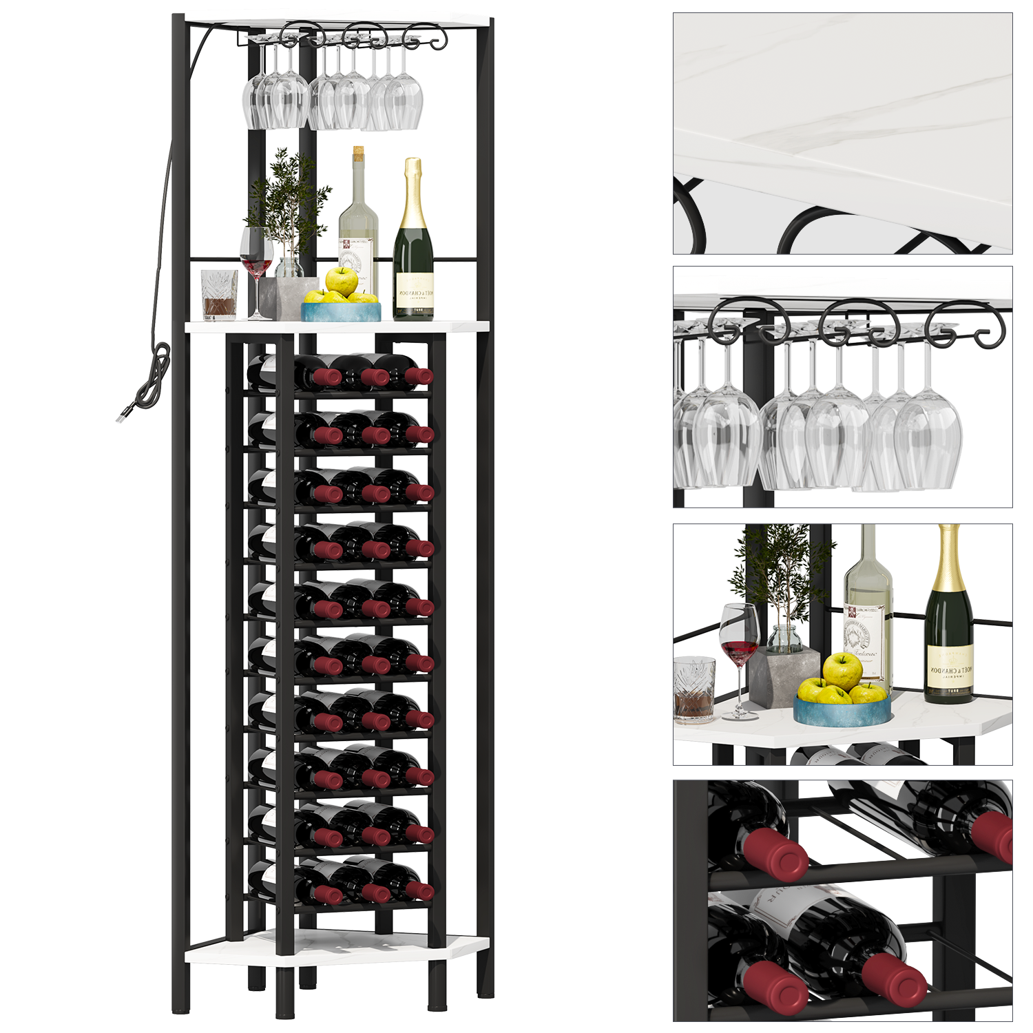 Industrial Corner Wine Rack with Glass Holder,4 Tier Freestanding Floor Bar Shelf,Rustic Wood &amp; Metal Bottle Storage Organize