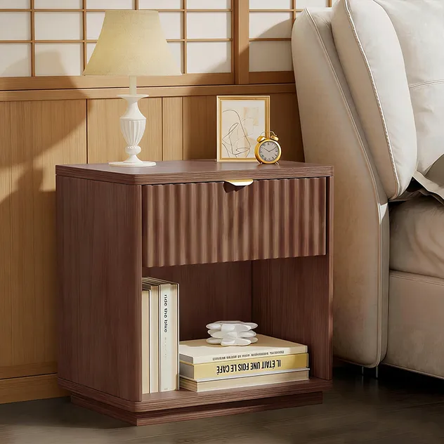 Medieval-Style Modern Walnut Bedside Table with Storage Shelves