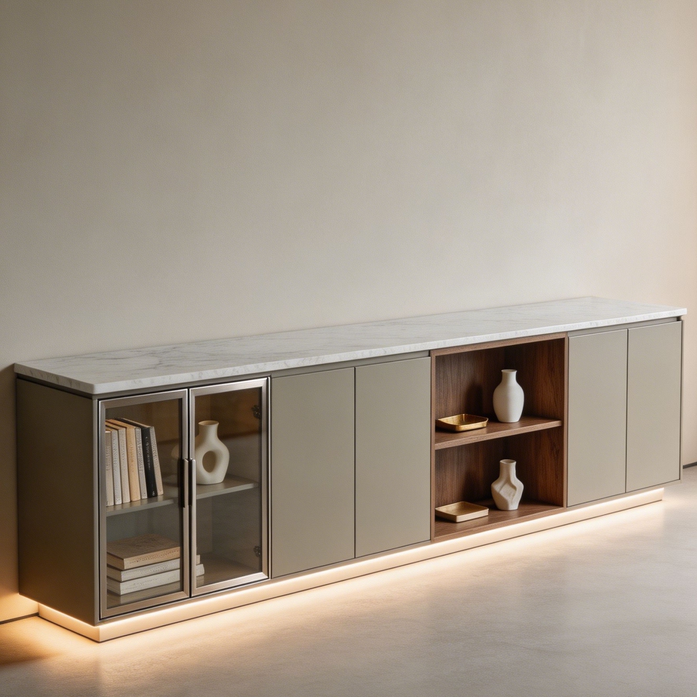 Modern Italian Light Luxury Sideboard Buffet Cabinet Custom Kitchen Pantry Living Room Marble Top with LED Lighting