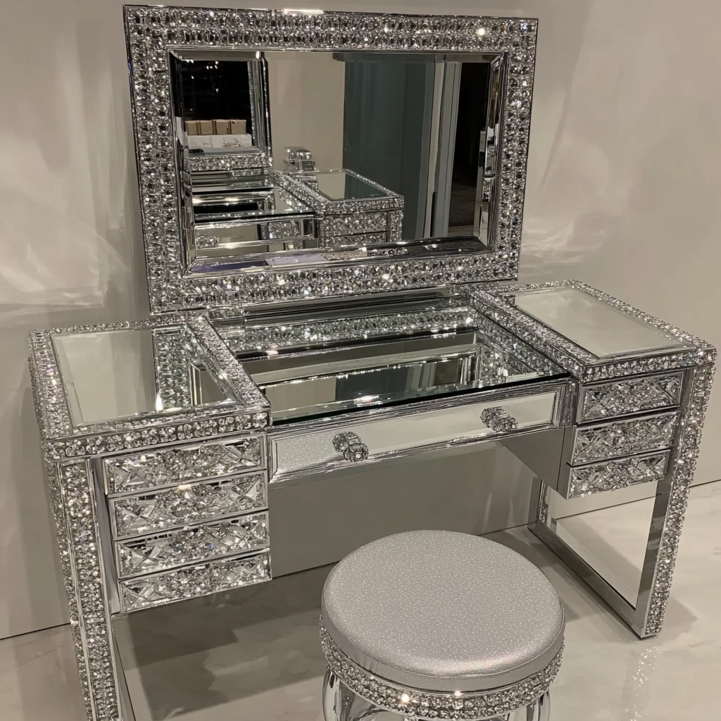 Luxury Silver Modern Oak Panel Bedroom Dressing Table Set with Adjustable Lighted Mirror and Stool for Home Use