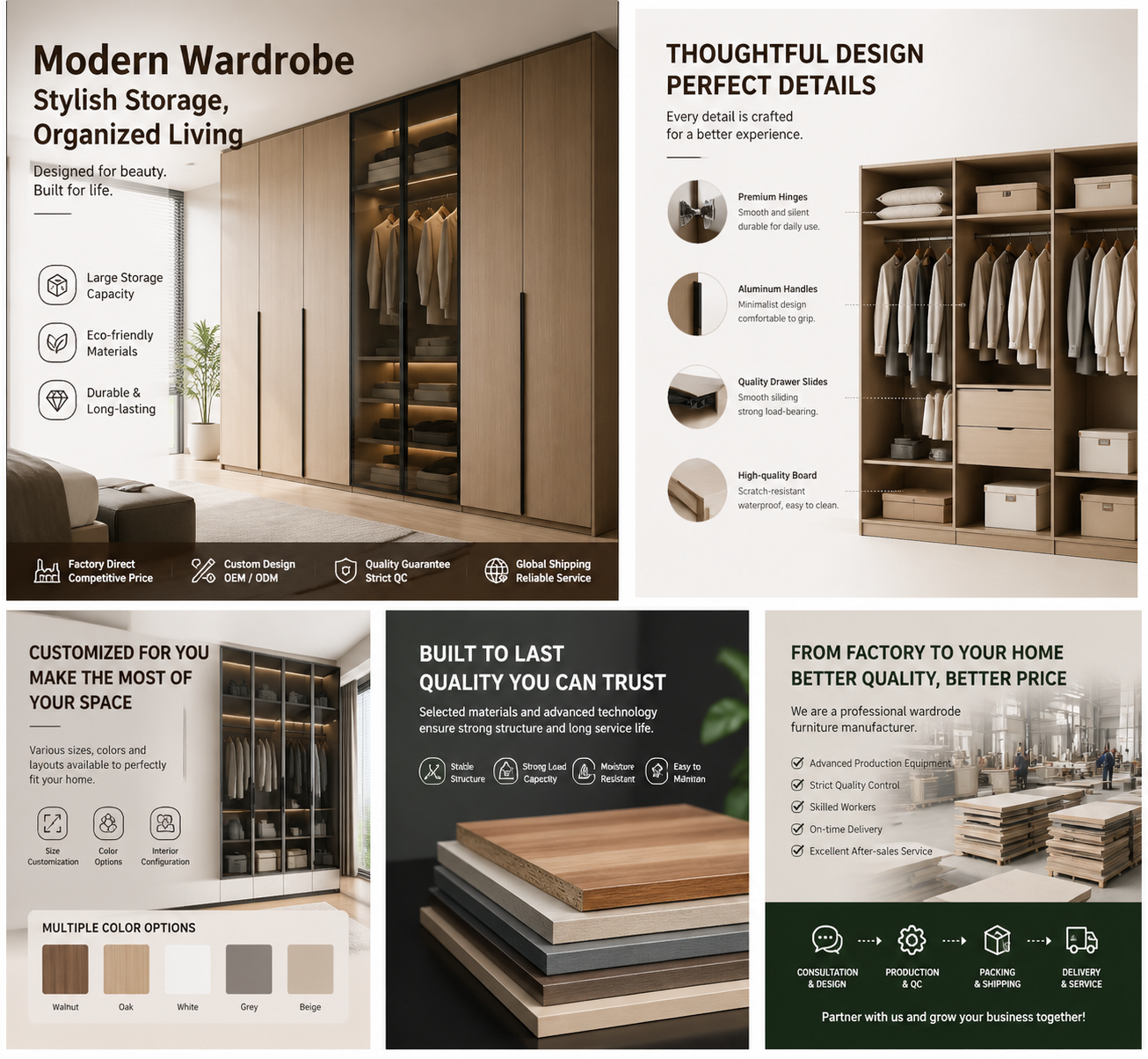 Modern Beige Bedroom Wardrobe with Drawers Open Shelves Easy Assembly Custom Size Floor to Ceiling Closet Storage Cabinet