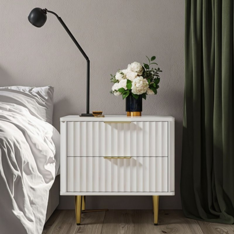 Modern White Nightstand for Bedroom or Living Room 2-Drawer Bedside Table with Gold Metal Legs for Bedroom