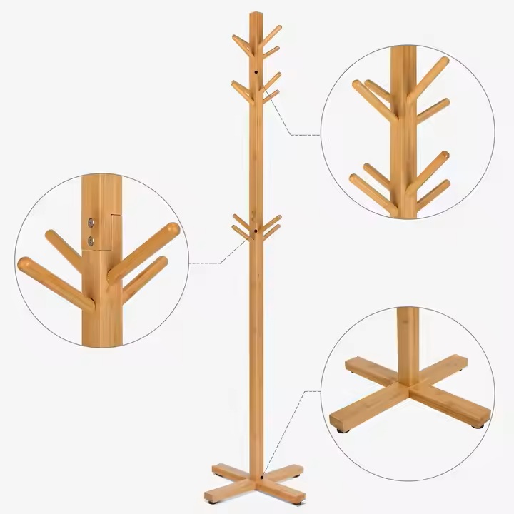 Custom Freestanding Bamboo Coat Rack with 12 Hooks for Storage Organizer