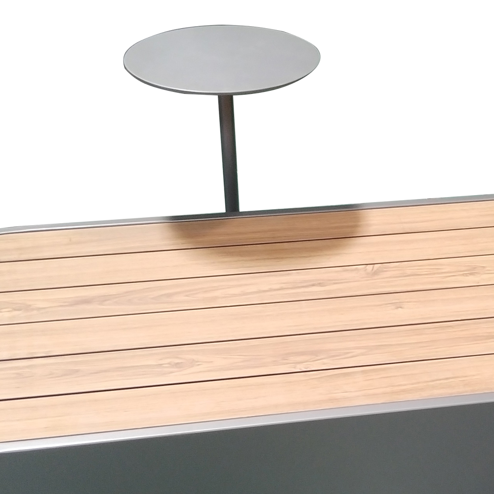 Outdoor Solid Wood and Galvanized Steel Storage Long Bench with Table for Patio Dining Mall Hotel Use