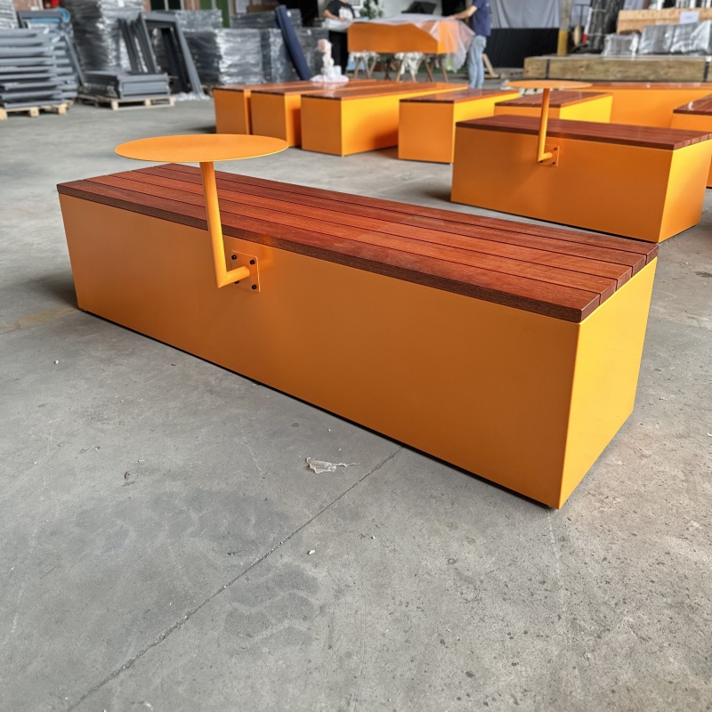 Custom Design Outdoor Bench With Storage Shelf Metal Frame and Solid Wood Seat Durable Leisure Chair Shopping Mall Benches