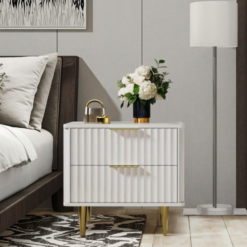 Modern White Nightstand for Bedroom or Living Room 2-Drawer Bedside Table with Gold Metal Legs for Bedroom