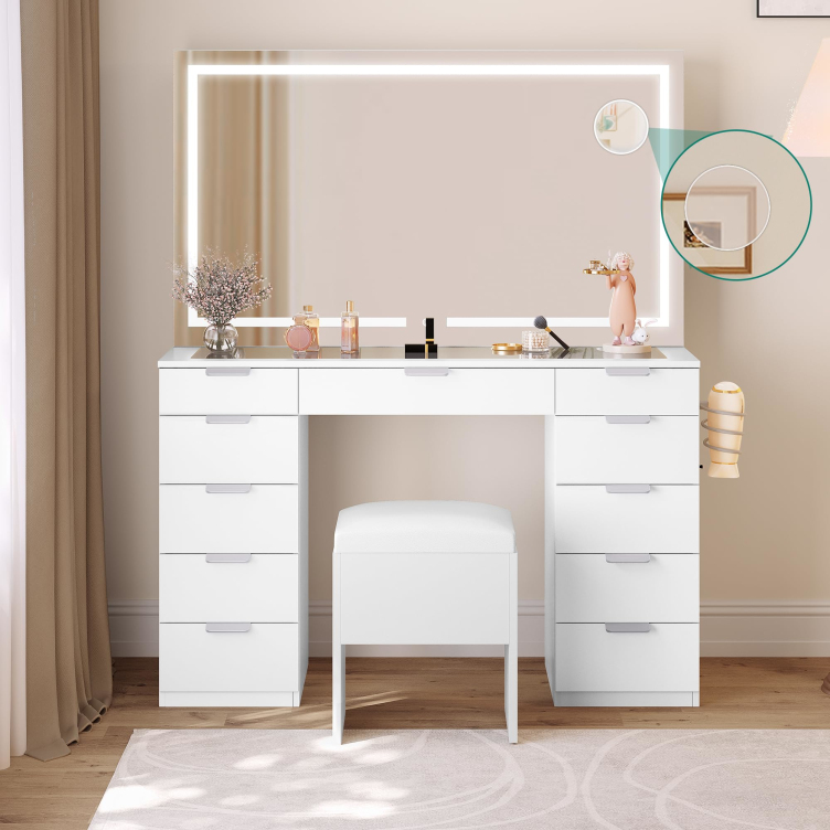 Factory Direct Vanity Desk Transparent Glass Top Makeup Table With 11 Drawers Power Outlet For Bedroom