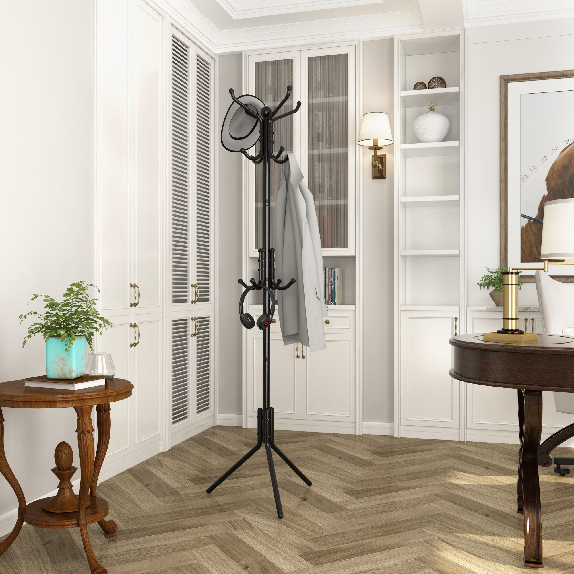 Modern 12-Hook Foldable Powder Coated Metal Coat Rack Stable Base Sturdy Standing Coat Hat Hanger for Entryway Bedroom Office