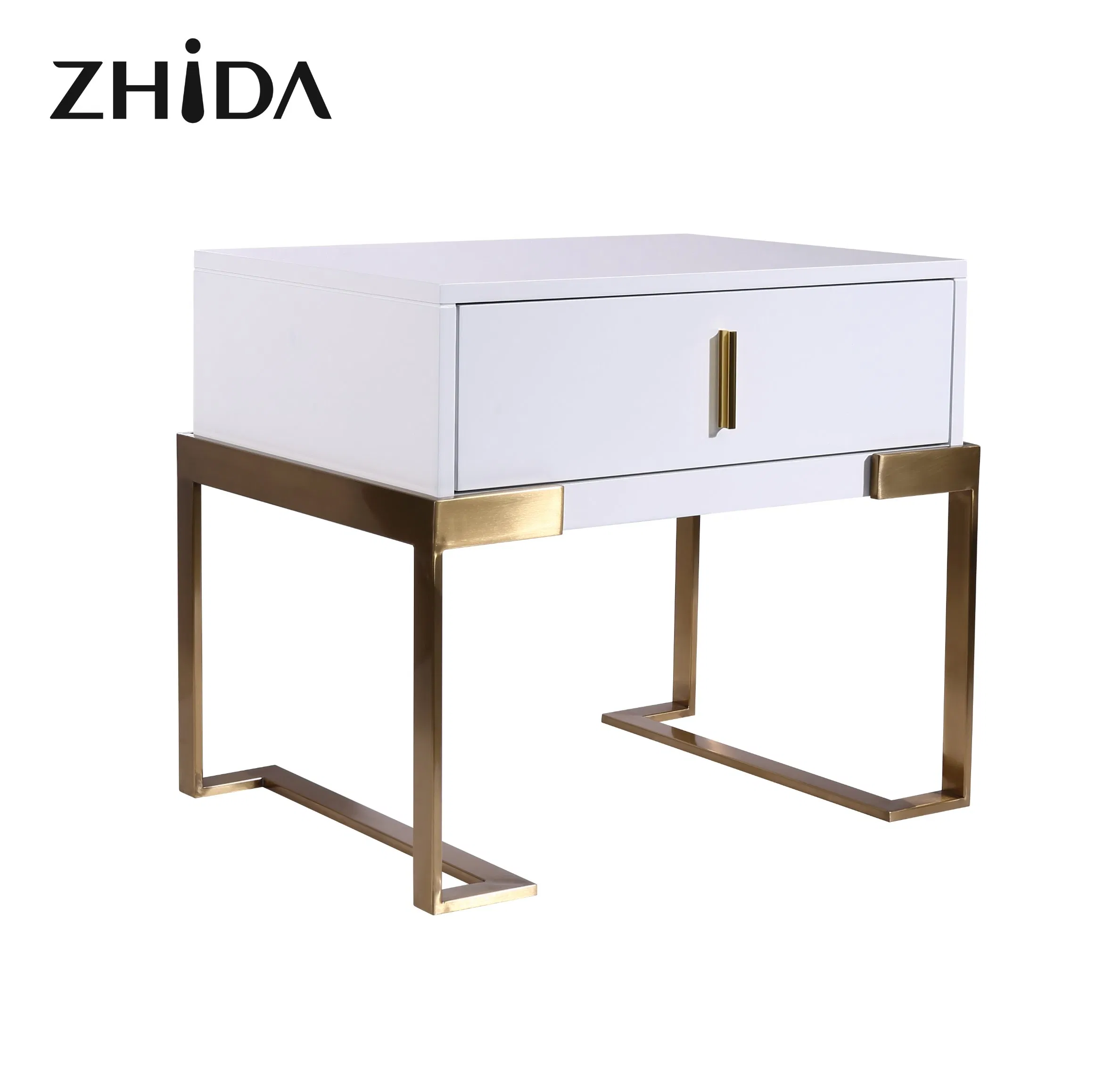 Zhida Luxury Design Bedroom Wooden Nightstand Square Marble Top Night Stand White Gold Metal Leg Bedside Table