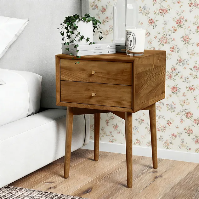 Medieval-Style Modern Walnut Bedside Table with Storage Shelves