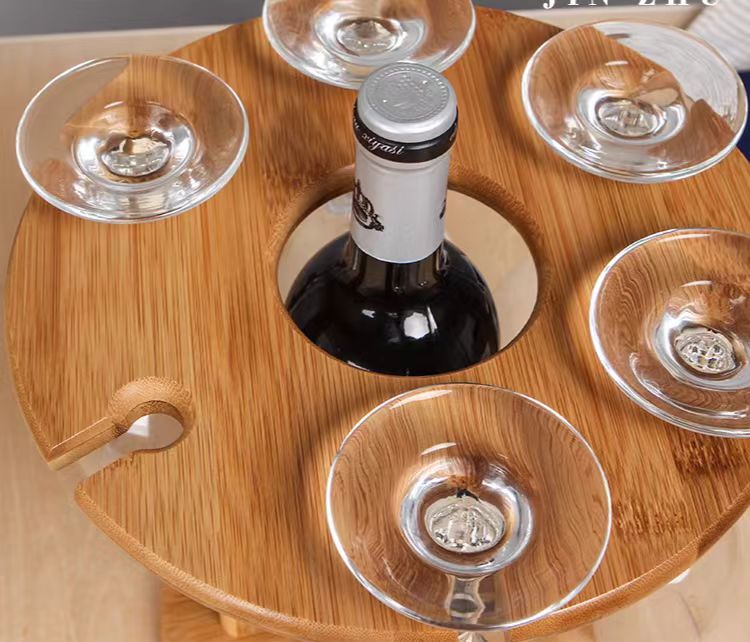Rotating Bamboo Wine Rack with 6 Glass Holders - Spinning Display Stand for Wine Bottles &amp; Stemware, Natural Wood Bar Decor
