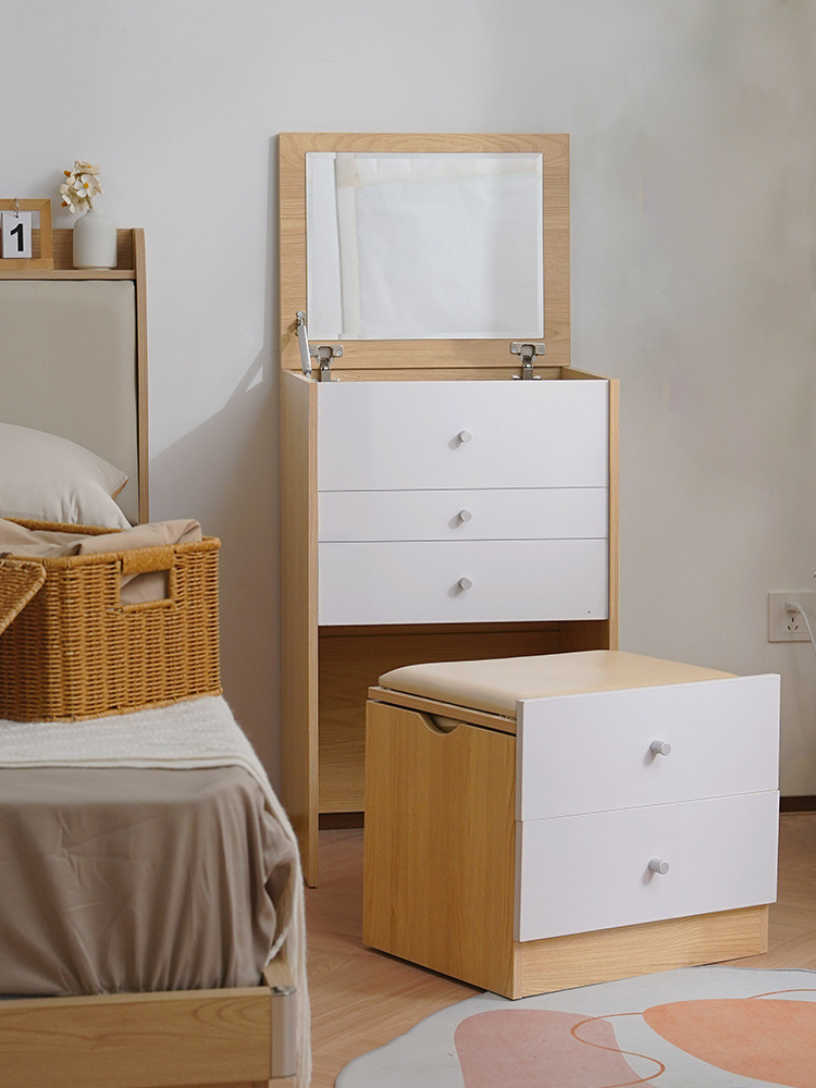 Modern Foldable Dressing Table with Integrated Makeup Stool and Lighted Mirror Panel Design for Small Apartment Bedroom