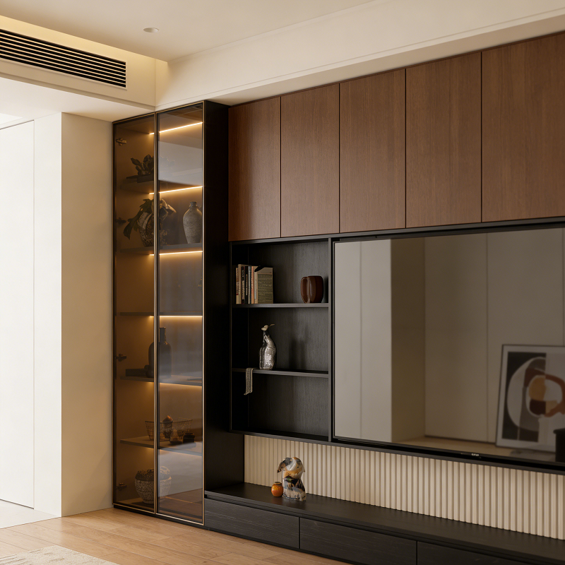 Minimalist Long TV Cabinet Wooden Media Console Full-Length Living Room Entertainment Storage Unit