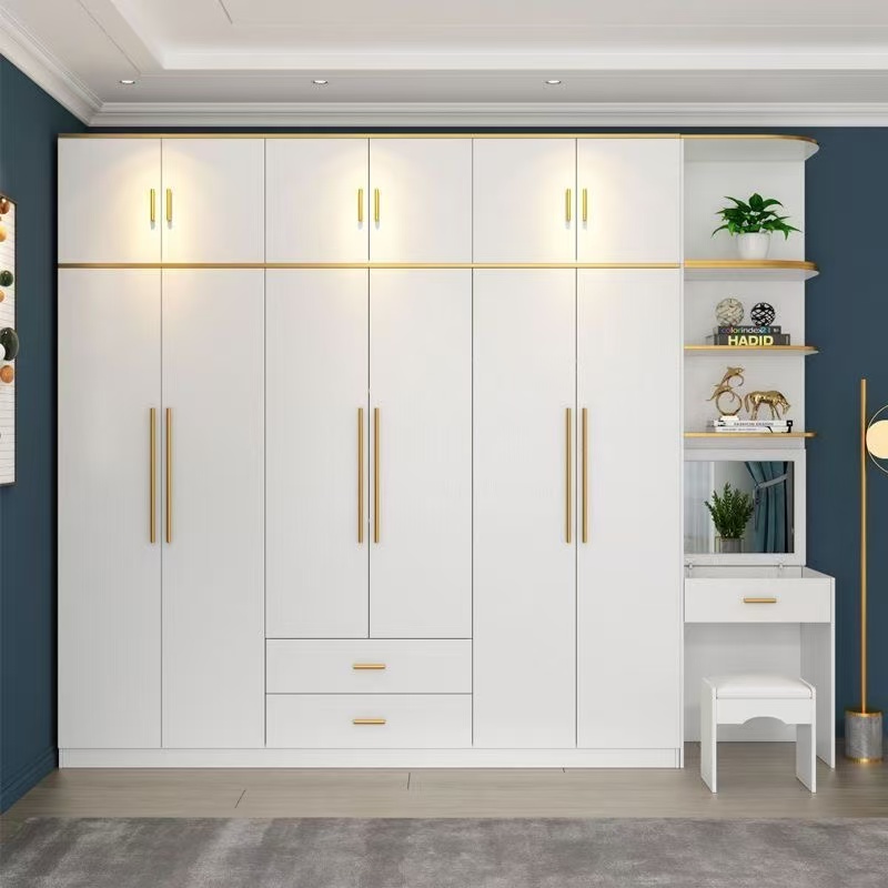 Minimalist White Wardrobe With Gold Hardware LED Lighting High-End Bedroom Closet With Open Shelf Integrated Dressing Table Set
