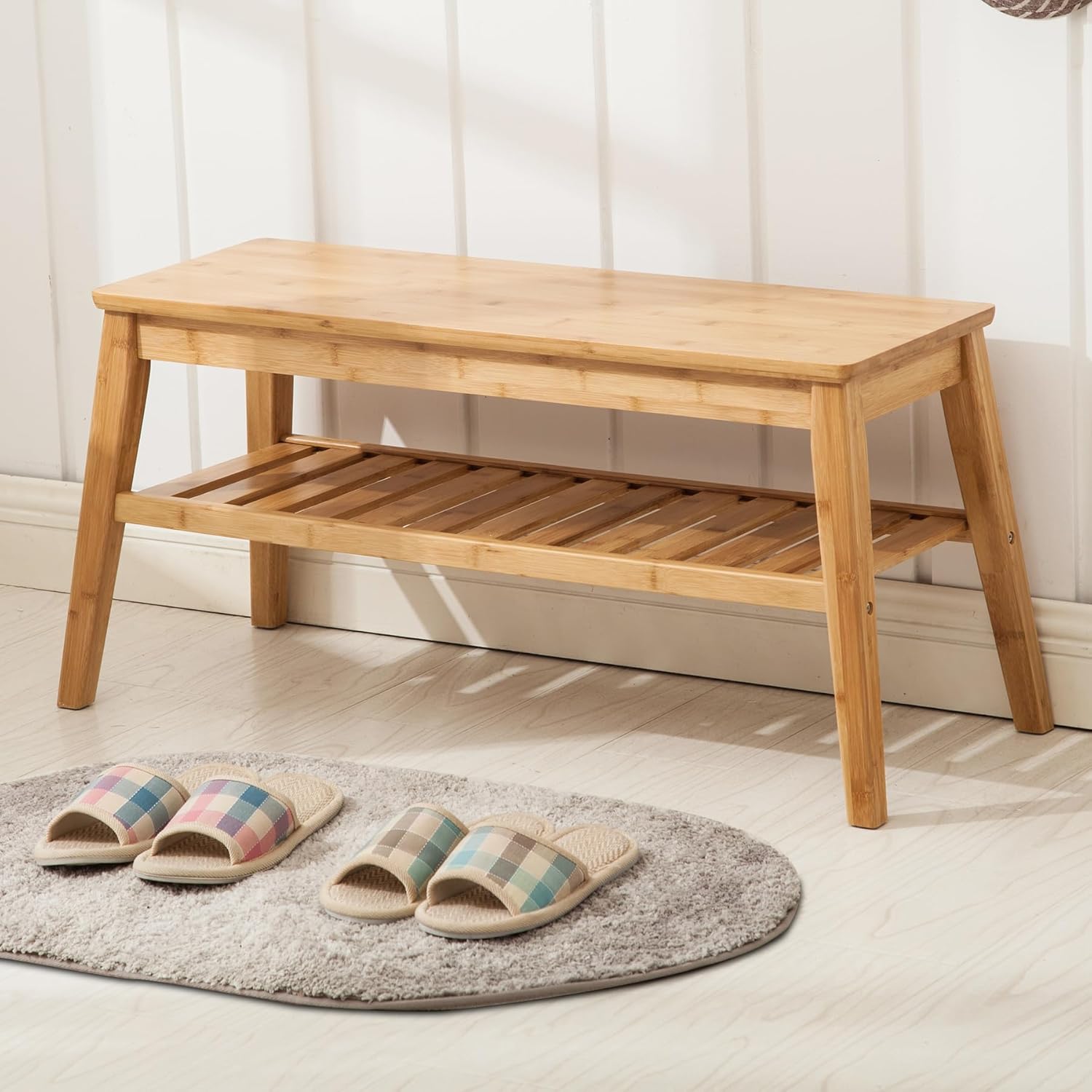 Modern 2-Tier Indoor Storage Bamboo Bench for Entry Dining Living Room Bedroom or Hallway