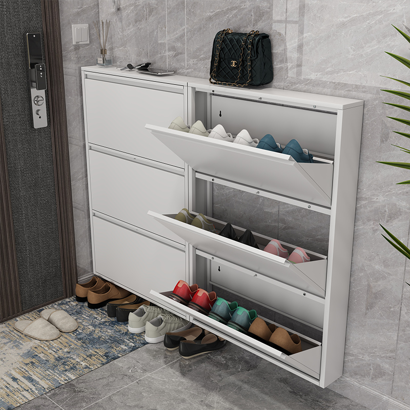 Metal Foldable Narrow Shoe Organizer Cabinet Modern Ultra Thin Hallway Entrance Cupboard Slim Storage Rack with Seat Flip Drawer