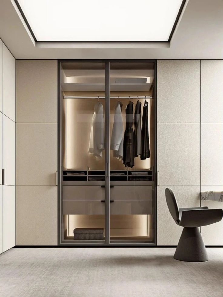 Modern Minimalist Wardrobe Closet with Glass Door &amp; LED Lighting for Bedroom Furniture