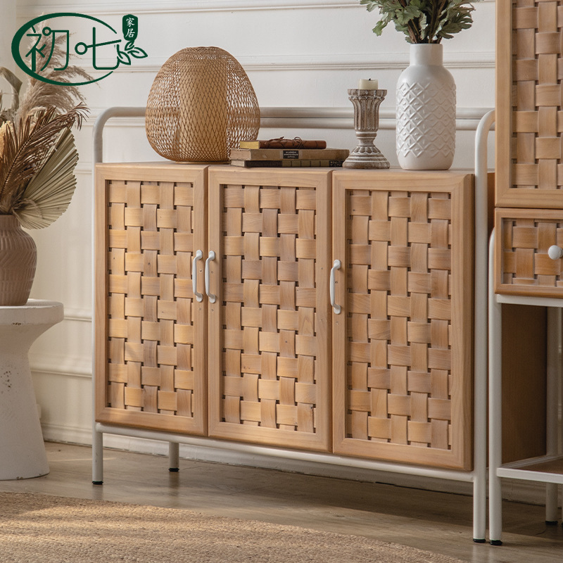 Solid Wood Sideboard With Doors Minimalist Retro Style Storage Cabinet For Living Room Entryway
