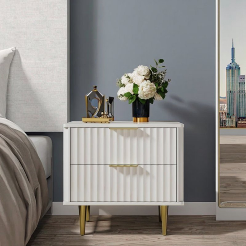 Modern White Nightstand for Bedroom or Living Room 2-Drawer Bedside Table with Gold Metal Legs for Bedroom
