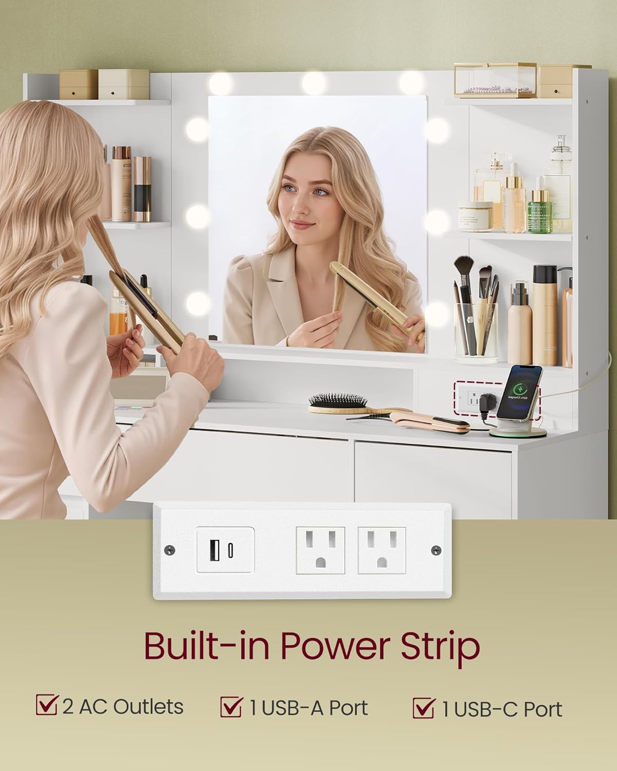 Modern Bedroom Vanity Desk With Bulbs Lights Makeup Set Glass Cabinets Makeup Tray Power Outlet Adjustable LED Dressing Table