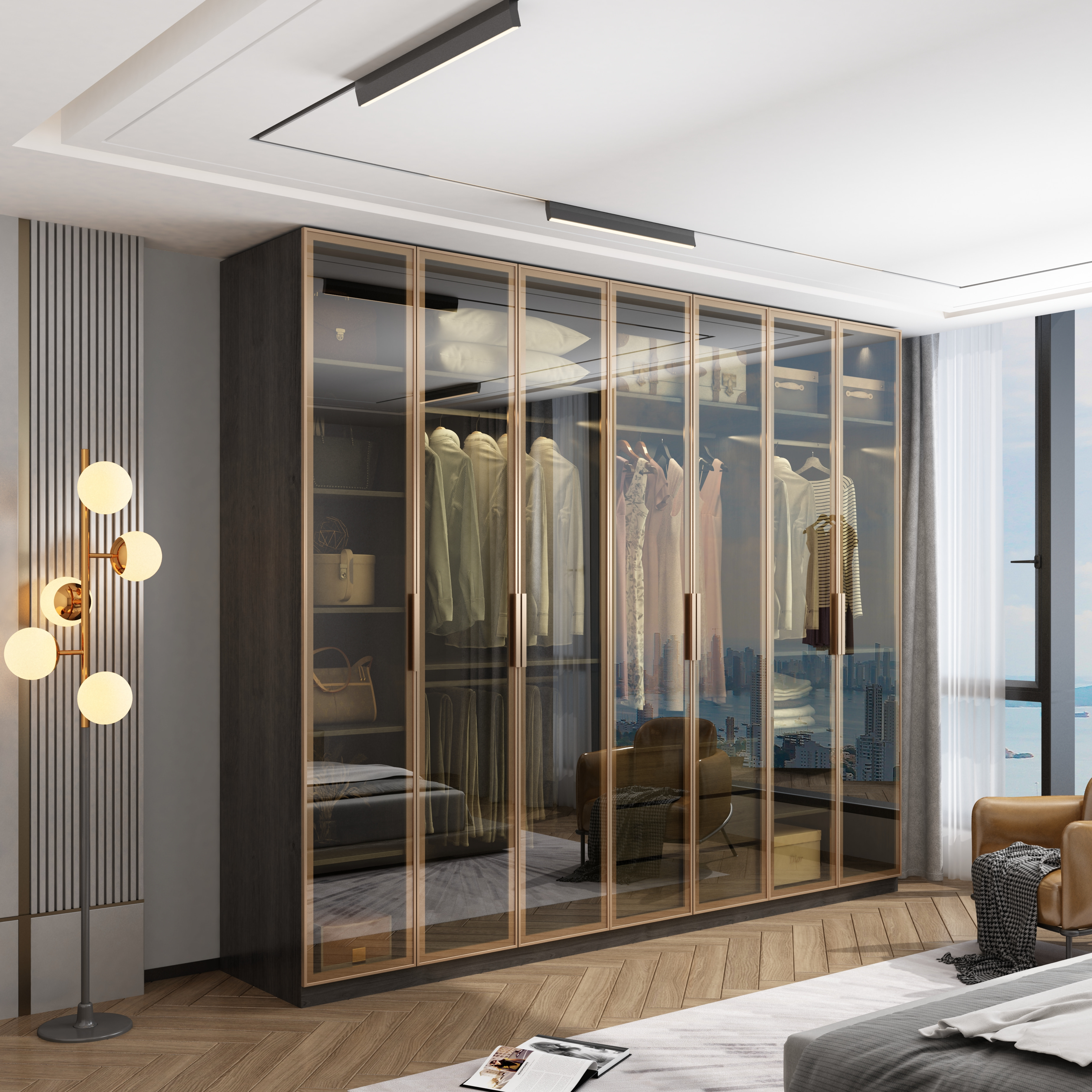 Solid Wood Wardrobe for Bedroom with Glass Door Modern Light Luxury Corner Cloakroom Storage Cabinet Combination Wardrobe