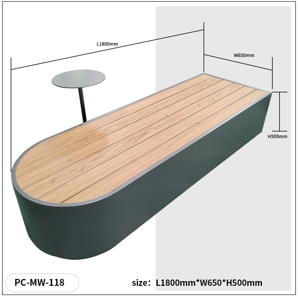 Outdoor Solid Wood and Galvanized Steel Storage Long Bench with Table for Patio Dining Mall Hotel Use