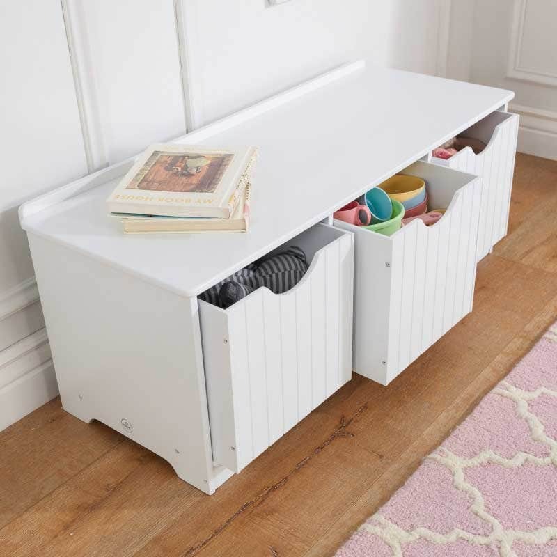 Classic White Contemporary MDF Storage Ottoman Bench Set Three Open Compartments Multi-Purpose Bedroom Living Room Babies Kids