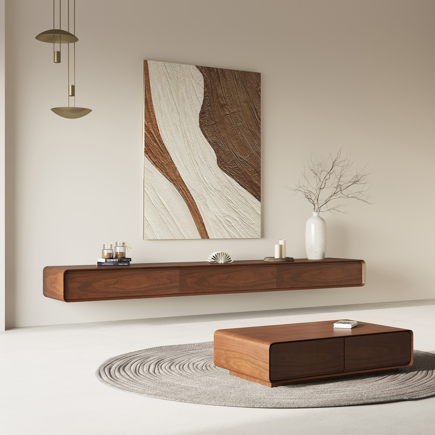 Walnut TV Cabinet Walnut Wood TV Cabinet Suspended Solid Wood TV Cabinet Coffee Table Combination Modern Minimalist Wall