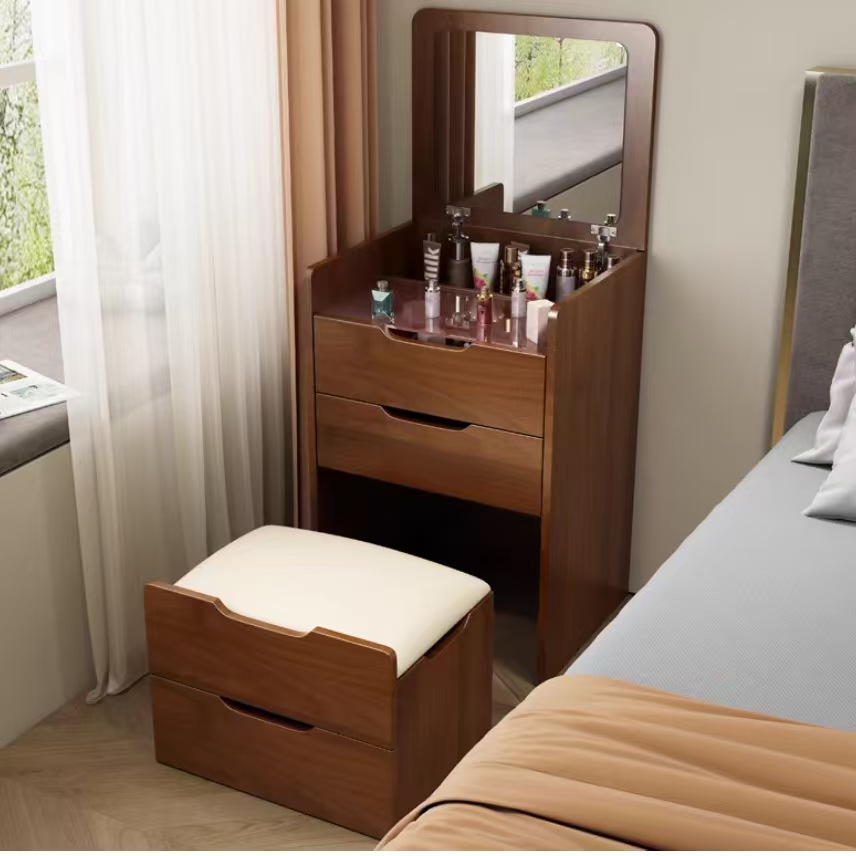 Wood Panel Cream Style Flip Top Vanity Table With 3-Color LED Light Space-Saving Makeup Desk With Storage Cabinet For Bedroom