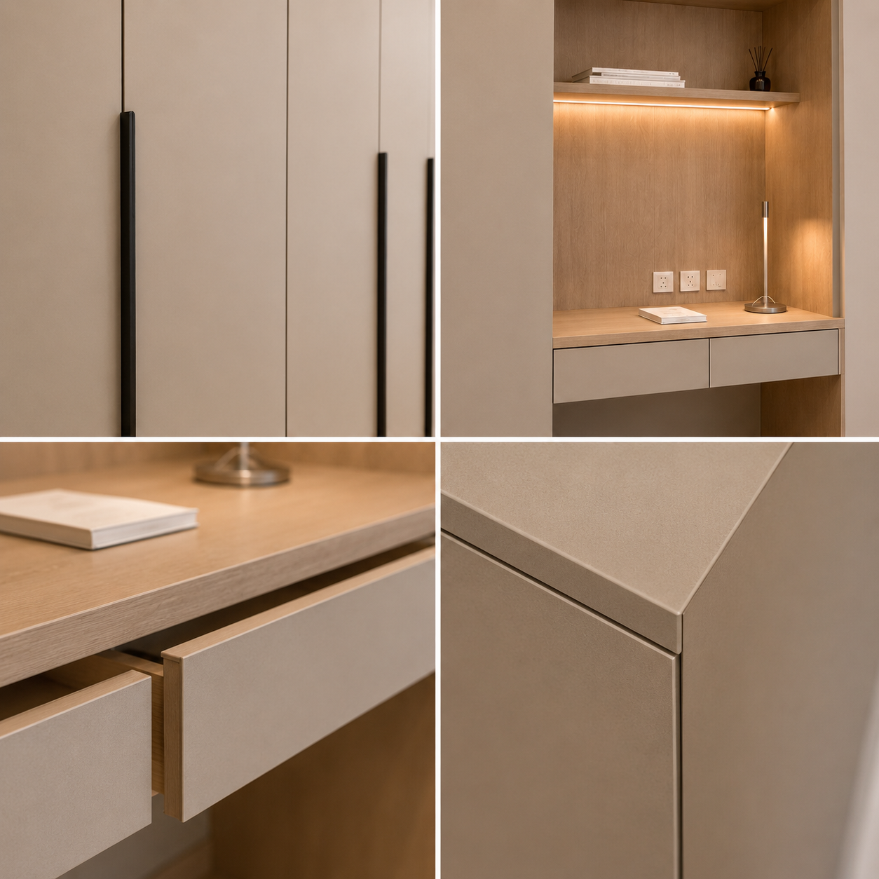 Modern Bedroom Furniture Wardrobe With Integrated Study Desk Cream Beige Fitted Storage Closet System