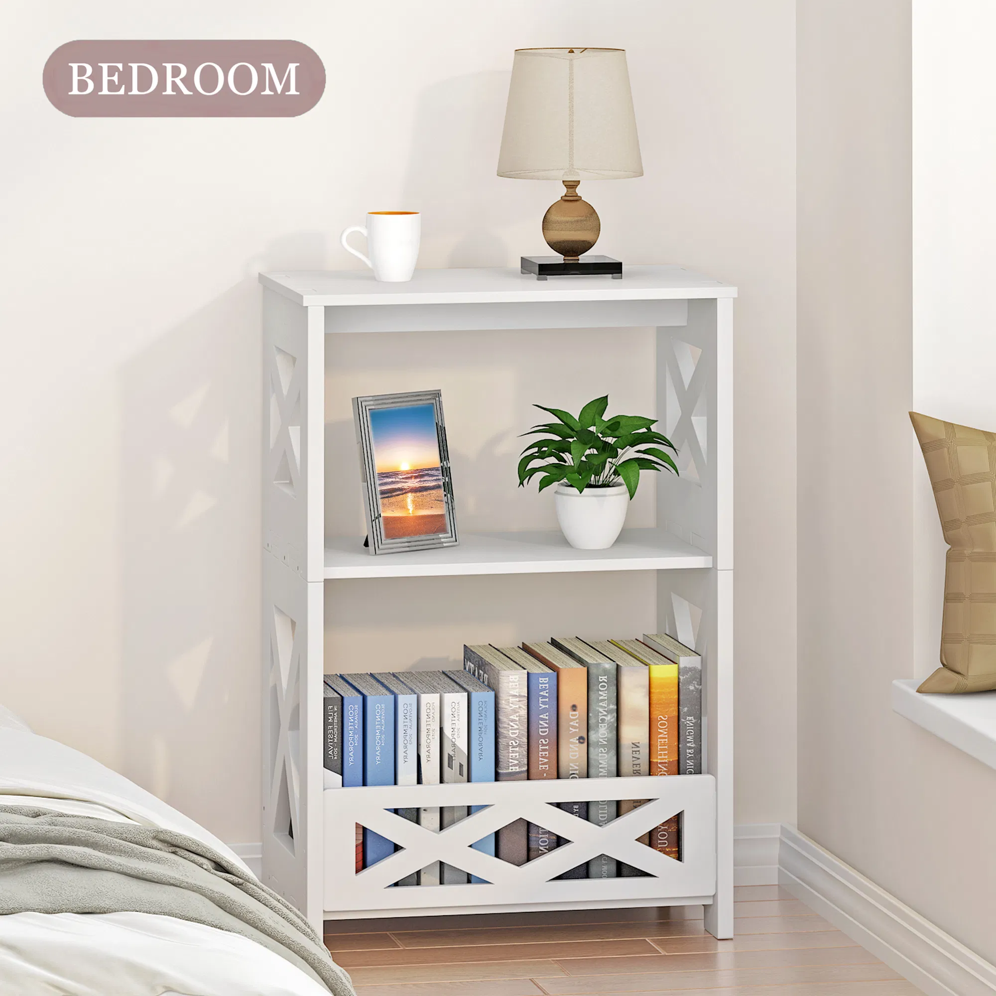 White PVC Small Side Table Book Shelf Stand for Bedroom Living Room Office