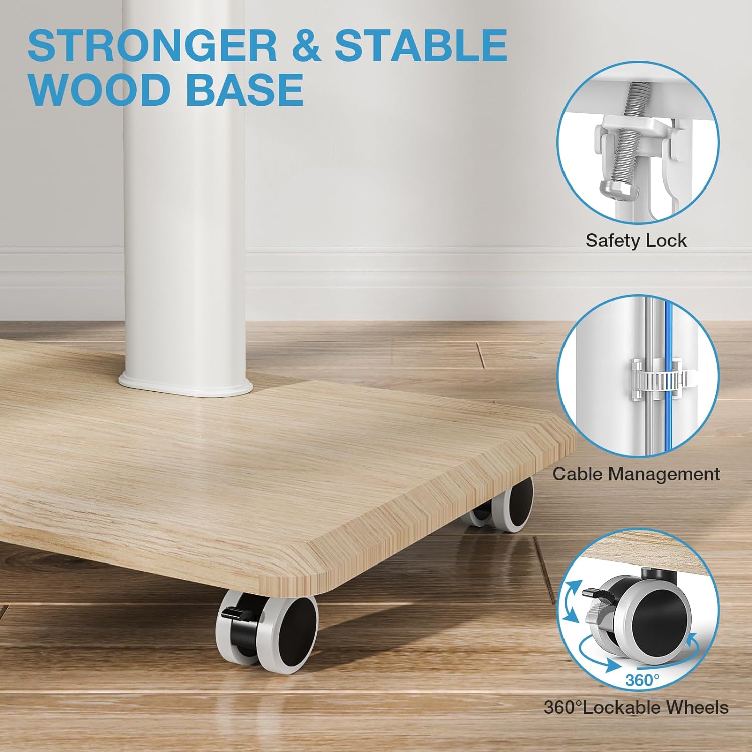 Floor Modern Mobile Wood Base Swivel Rolling Height Adjustable Portable TV Stand on Wheels with Mount for Bedroom Home Office