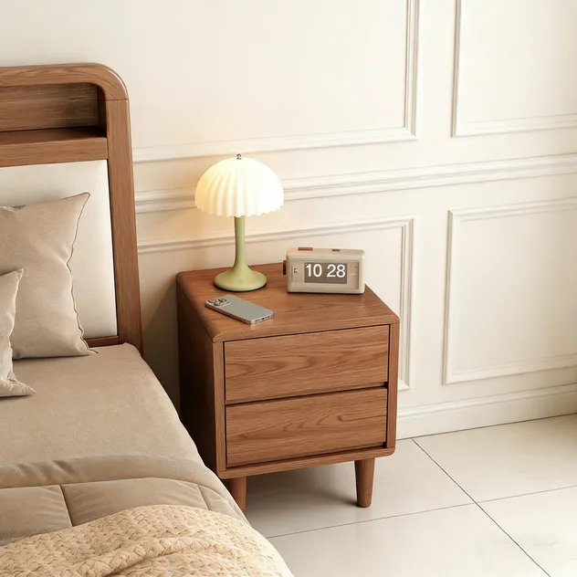 Medieval-Style Modern Walnut Bedside Table with Storage Shelves