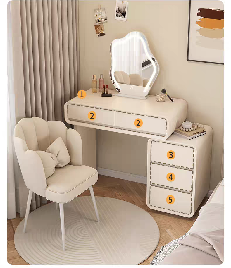 Creamy Modern Minimalist Solid Wood Lacquer Vanity Small-Space Dressing Table With LED Shape Mirror Storage Cabinet For Bedroom