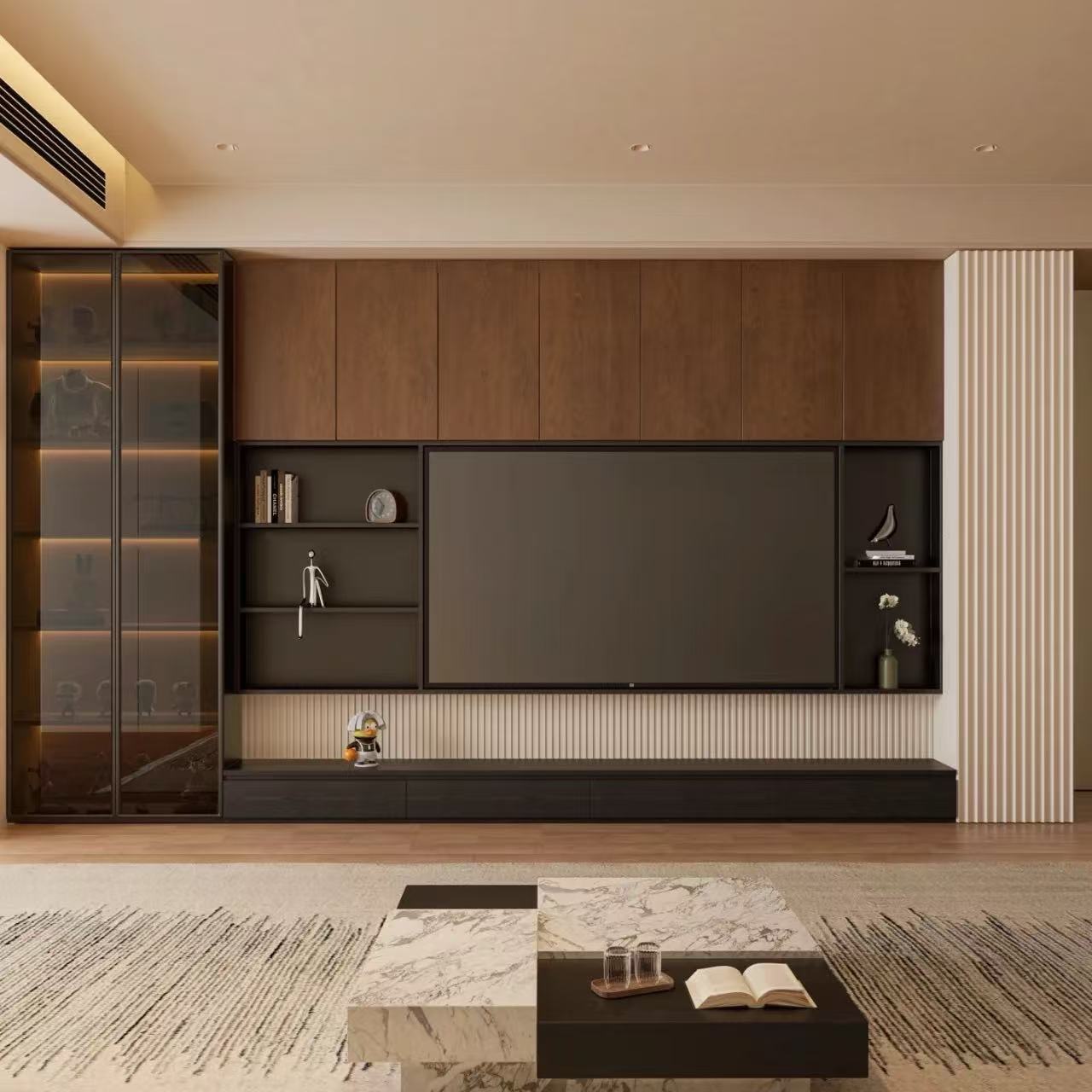 Luxury Modern Design Wood Wall Mounted Panel Unit Suspended TV Console Stand Cabinet Set for Living Room Bedroom Home Furniture